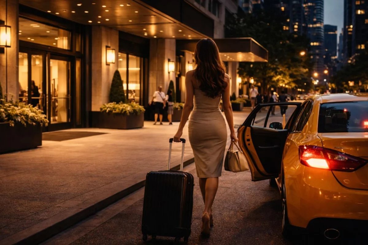 Illustration for Traveling as a Companion Woman walking to a hotel